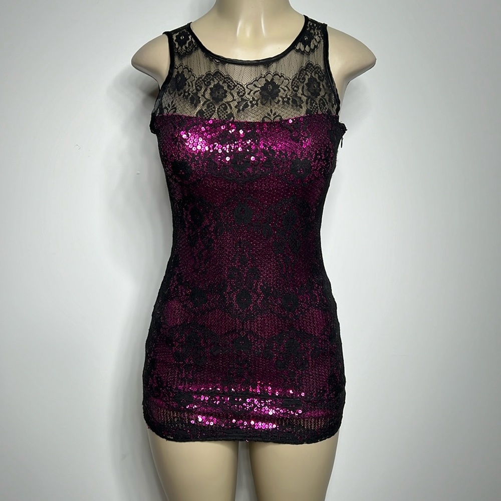 Mixxed 26 small pink sequin dress with black lace overlay